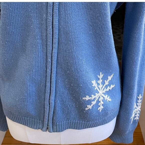 Light Blue Ramie Blend Zip Up Sweater Jacket White Embroidered Snowflakes, L - Picture 5 of 10
